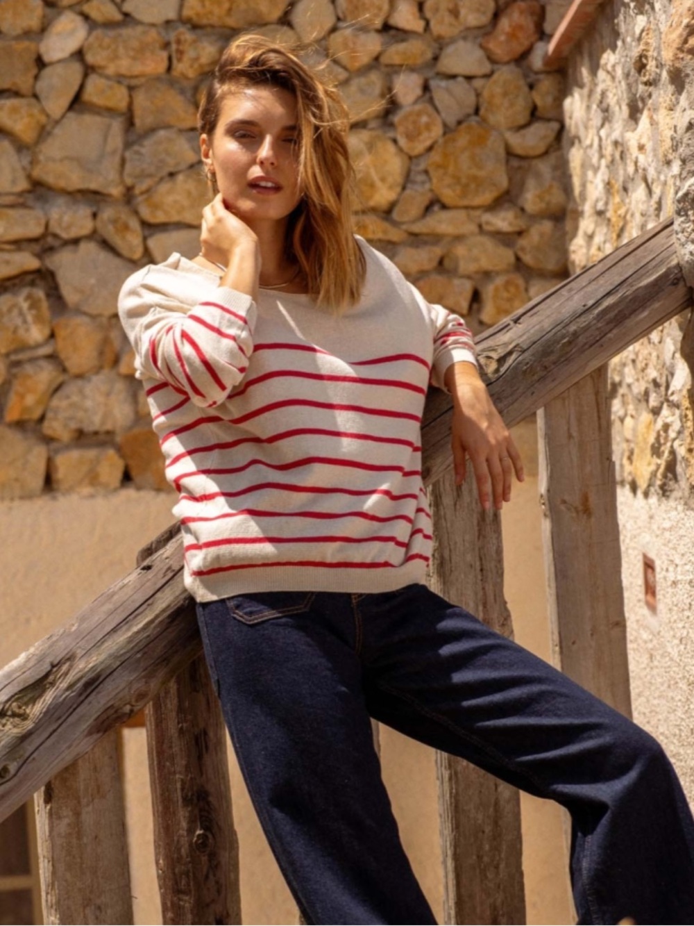 Nina Kendosa Cream Red Striped nautical boat neck Knit Sweater